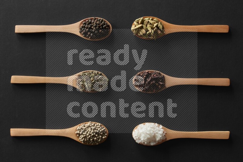 wooden spoons filled with white peppers, cloves, cardamom, salt, black peppers and basil on black flooring