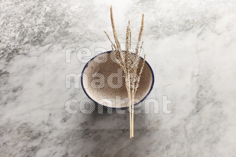Wheat stalks on multicolored pottery bowl on grey marble background