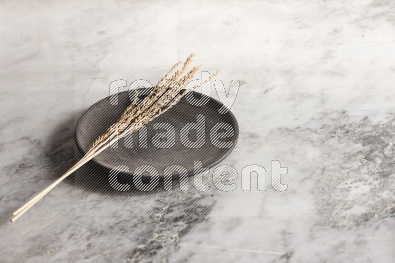 Wheat stalks on black pottery plate on grey marble background