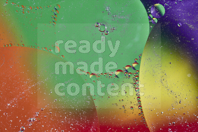 Close-ups of abstract oil bubbles on water surface in multicolors