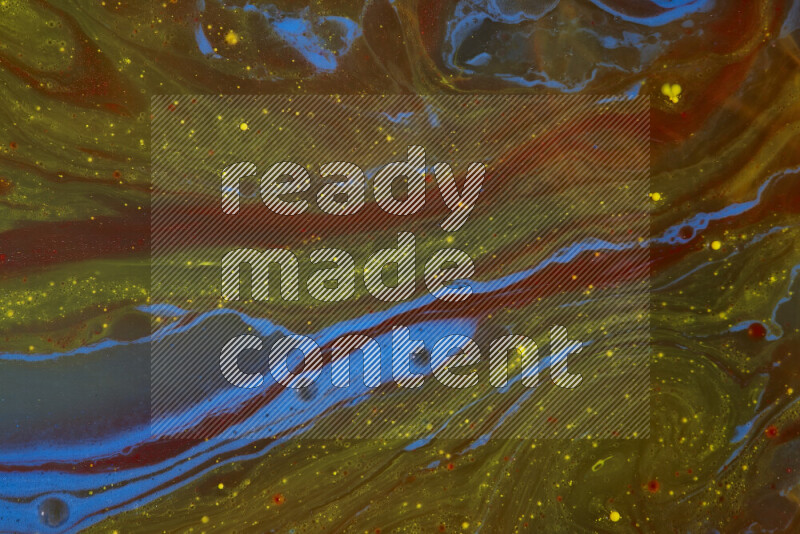The image depicts a marbling effect with swirling patterns of red, blue and yellow