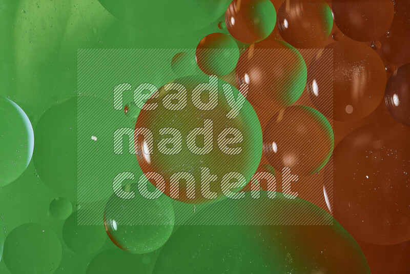 Close-ups of abstract oil bubbles on water surface in shades of green and red