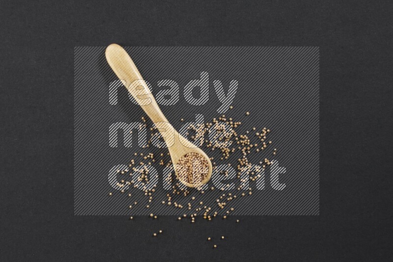 A wooden spoon full of mustard seeds on a black flooring