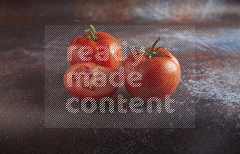 45 degree roma tomato on a textured reddish rustic metal background