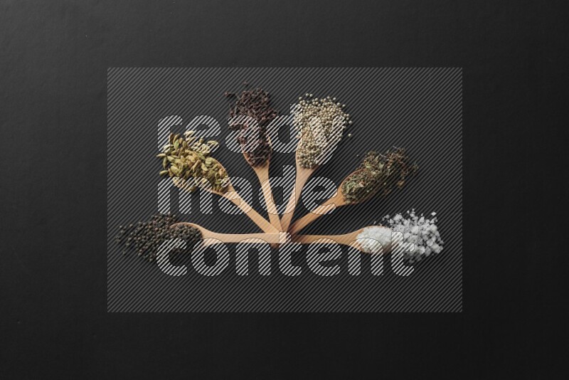 wooden spoons filled with white peppers, cloves, cardamom, salt, black peppers and basil on black flooring