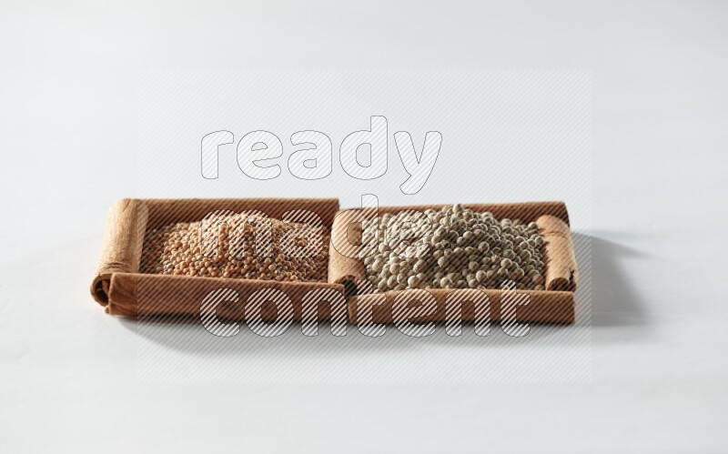 2 squares of cinnamon sticks full of mustard seeds and white pepper on white flooring