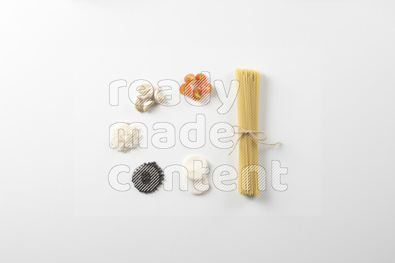 Red sauce pasta recipes ingredients on white background