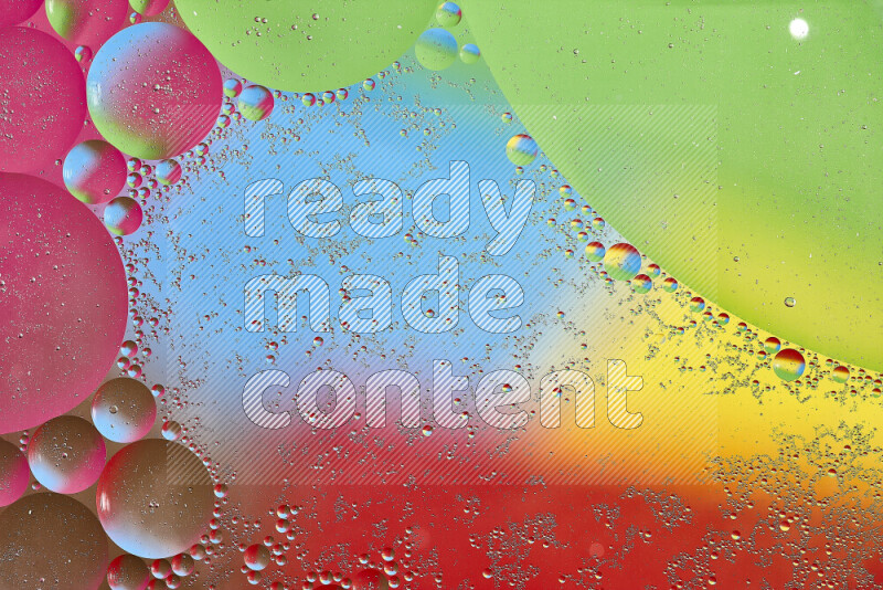 Close-ups of abstract oil bubbles on water surface in multicolors