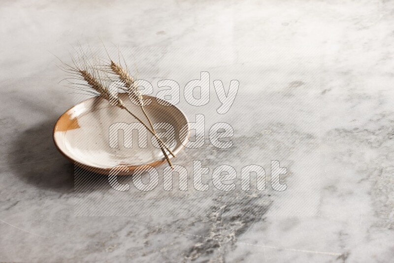 Wheat stalks on multicolored pottery plate on grey marble background