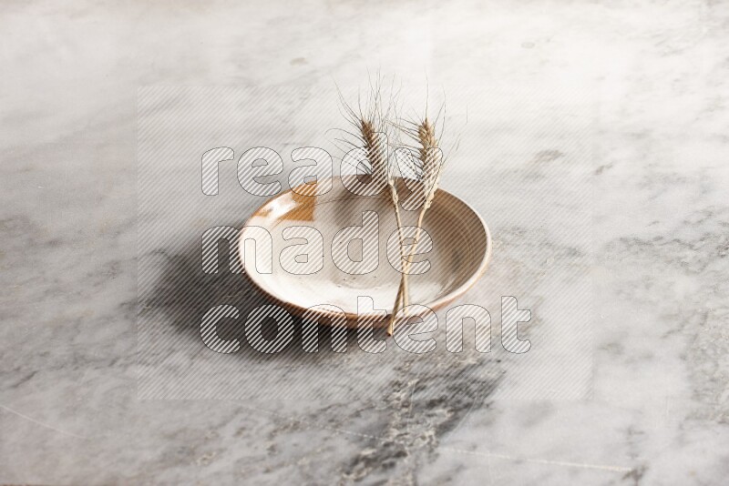 Wheat stalks on multicolored pottery plate on grey marble background