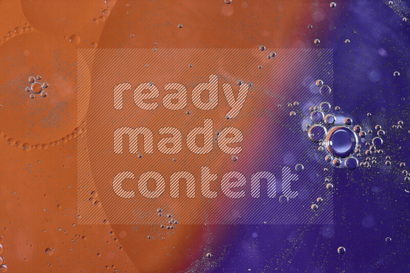 Close-ups of abstract oil bubbles on water surface in shades of orange and purple