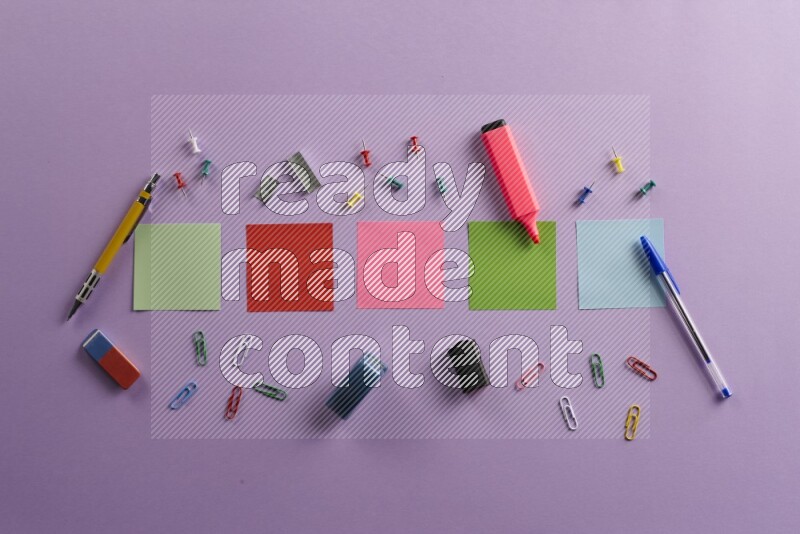 Multicolored sticky notes with school supplies on purple background